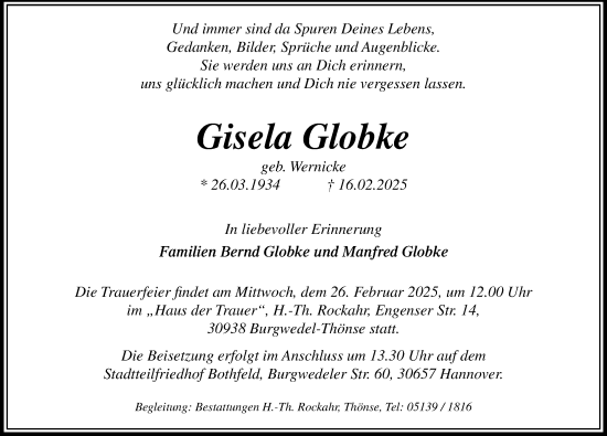 Traueranzeige von Gisela Globke von Hannoversche Allgemeine Zeitung/Neue Presse