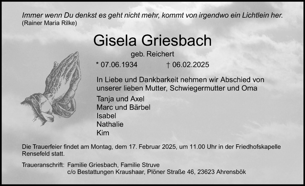  Traueranzeige für Gisela Griesbach vom 12.02.2025 aus Lübecker Nachrichten