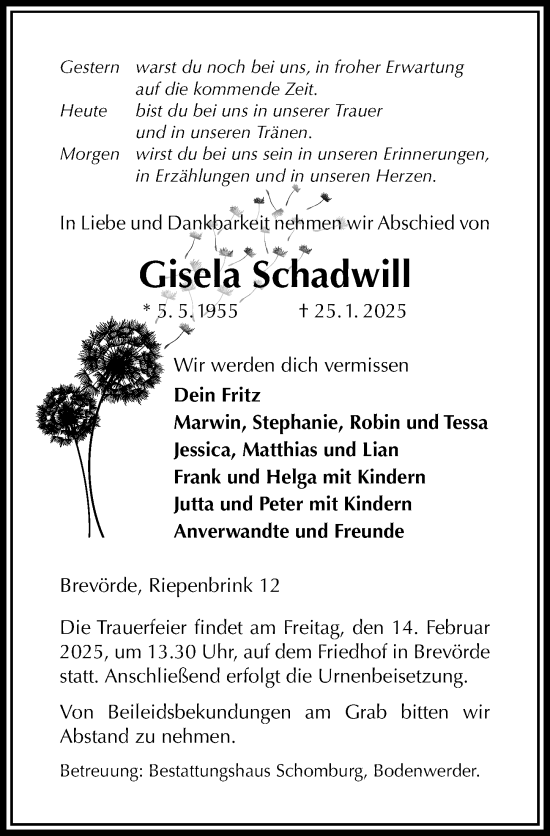 Traueranzeige von Gisela Schadwill von Täglicher Anzeiger Holzminden