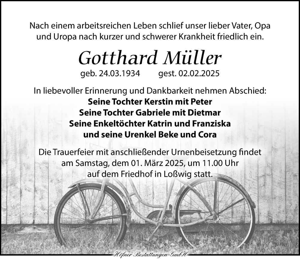  Traueranzeige für Gotthard Müller vom 22.02.2025 aus Torgauer Zeitung