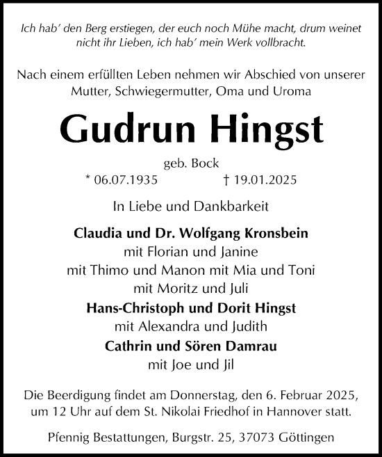 Traueranzeige von Gudrun Hingst von Göttinger Tageblatt