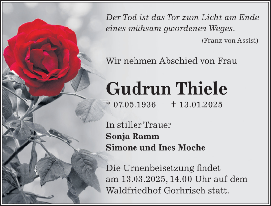Traueranzeige von Gudrun Thiele von Sächsische Zeitung