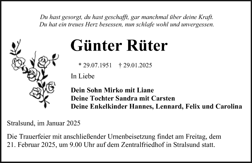  Traueranzeige für Günter Rüter vom 01.02.2025 aus Ostsee-Zeitung GmbH
