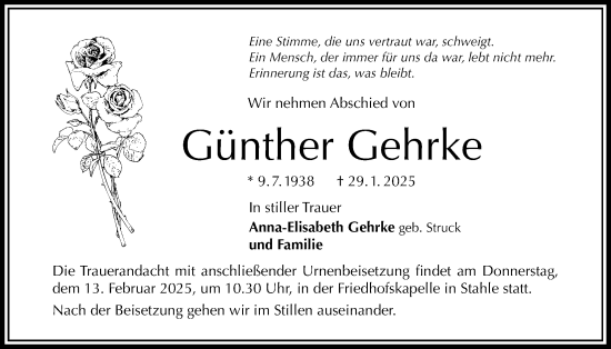 Traueranzeige von Günther Gehrke von Täglicher Anzeiger Holzminden