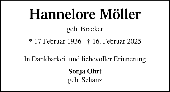 Traueranzeige von Hannelore Möller von Lübecker Nachrichten