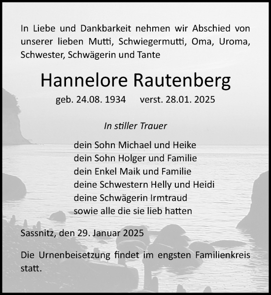 Traueranzeige von Hannelore Rautenberg von Ostsee-Zeitung GmbH