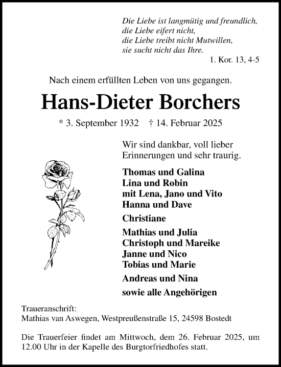 Traueranzeige von Hans-Dieter Borchers von Lübecker Nachrichten