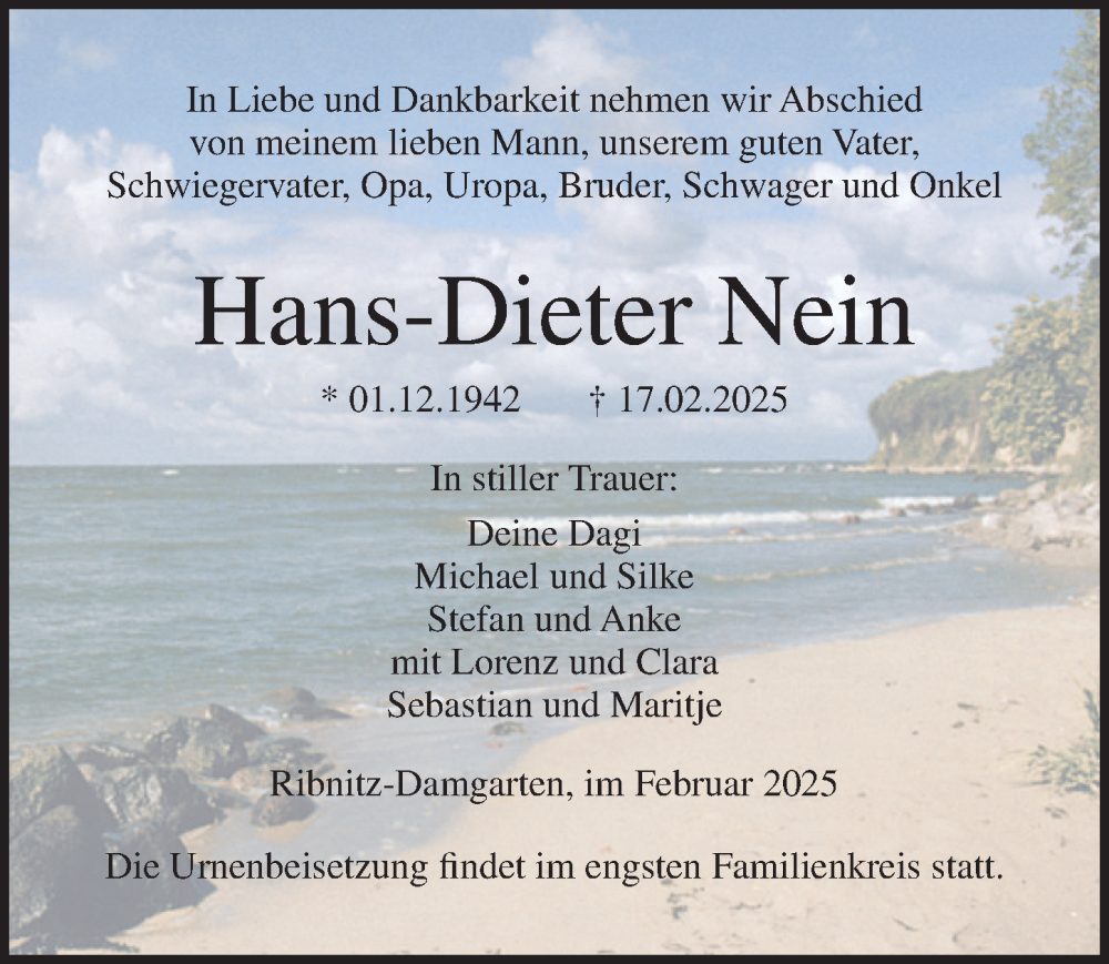  Traueranzeige für Hans-Dieter Nein vom 22.02.2025 aus Ostsee-Zeitung GmbH