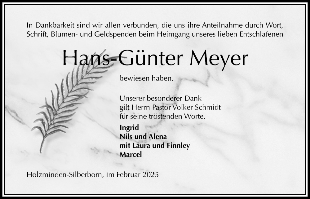  Traueranzeige für Hans-Günter Meyer vom 01.02.2025 aus Täglicher Anzeiger Holzminden