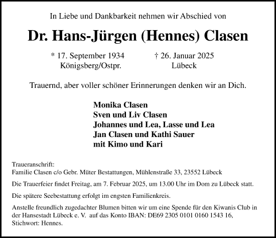 Traueranzeige von Hans-Jürgen Clasen von Lübecker Nachrichten