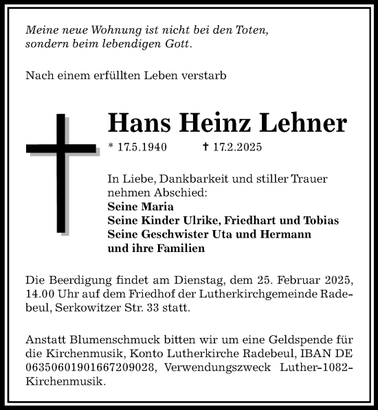Traueranzeige von Hans Heinz Lehner von Sächsische Zeitung