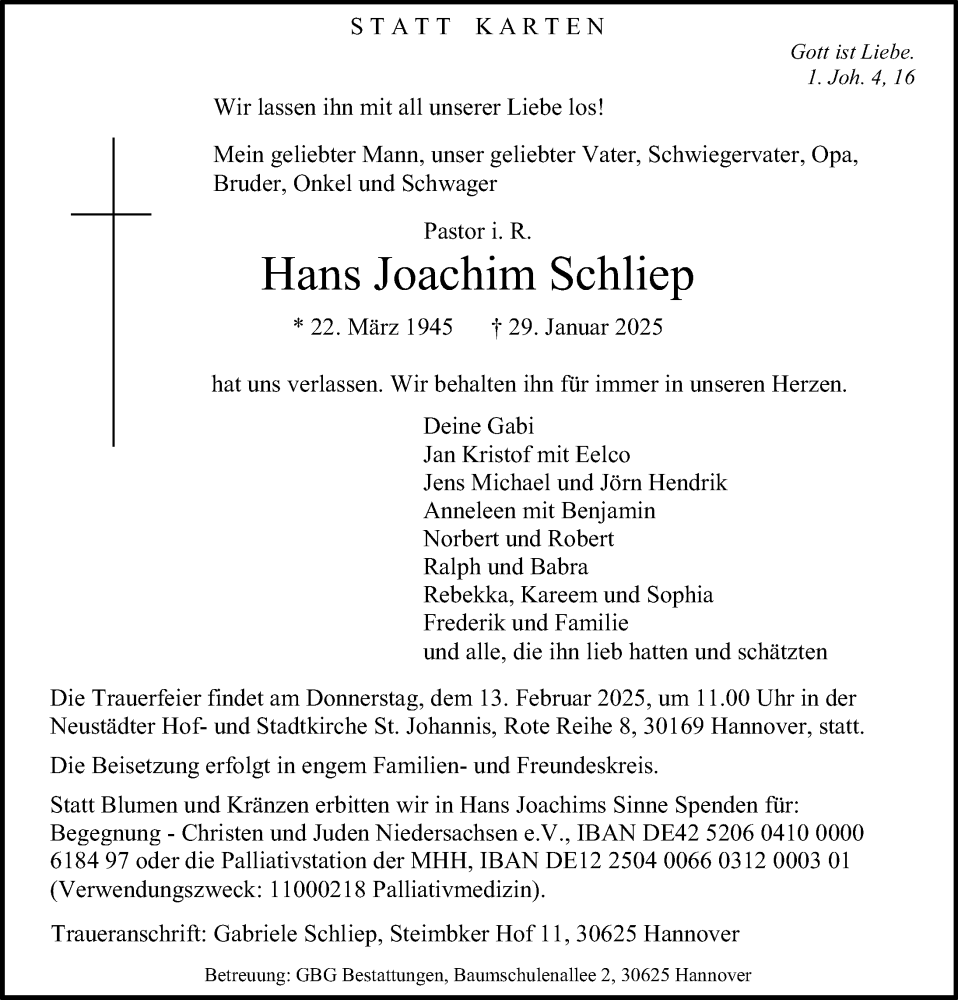  Traueranzeige für Hans Joachim Schliep vom 08.02.2025 aus Hannoversche Allgemeine Zeitung/Neue Presse