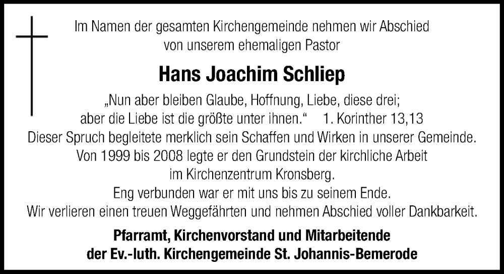  Traueranzeige für Hans Joachim Schliep vom 08.02.2025 aus Hannoversche Allgemeine Zeitung/Neue Presse