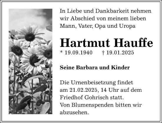 Traueranzeige von Hartmut Hauffe von Sächsische Zeitung