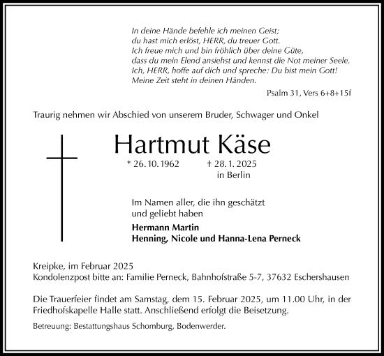 Traueranzeige von Hartmut Käse von Täglicher Anzeiger Holzminden