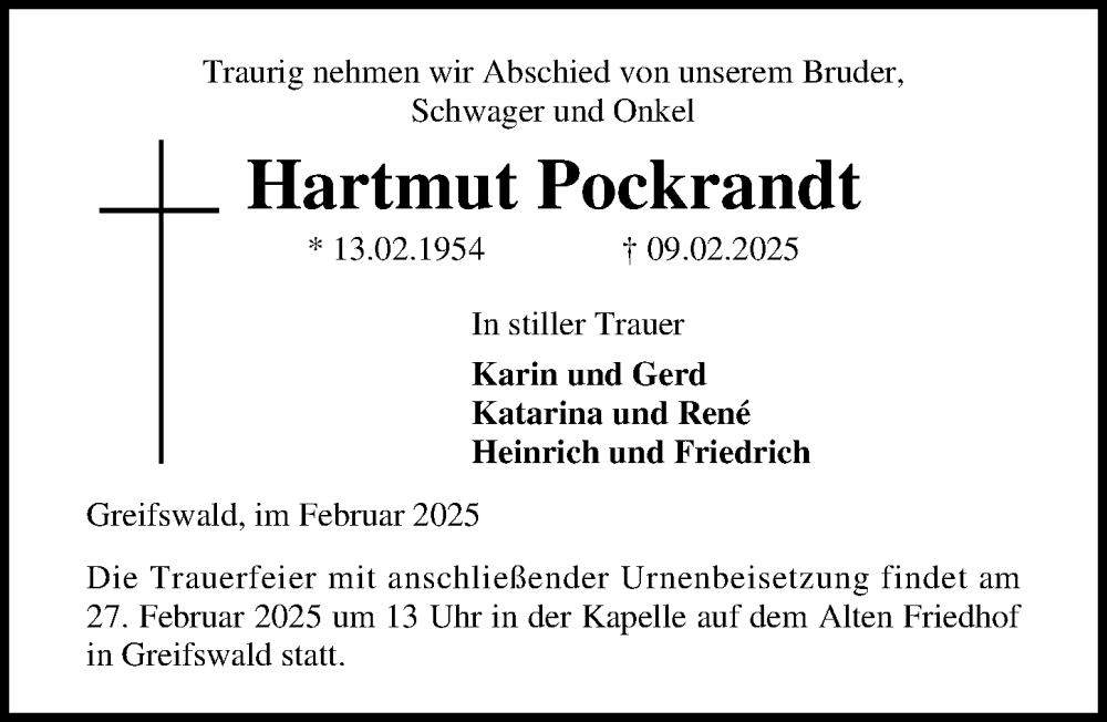  Traueranzeige für Hartmut Pockrandt vom 22.02.2025 aus Ostsee-Zeitung GmbH