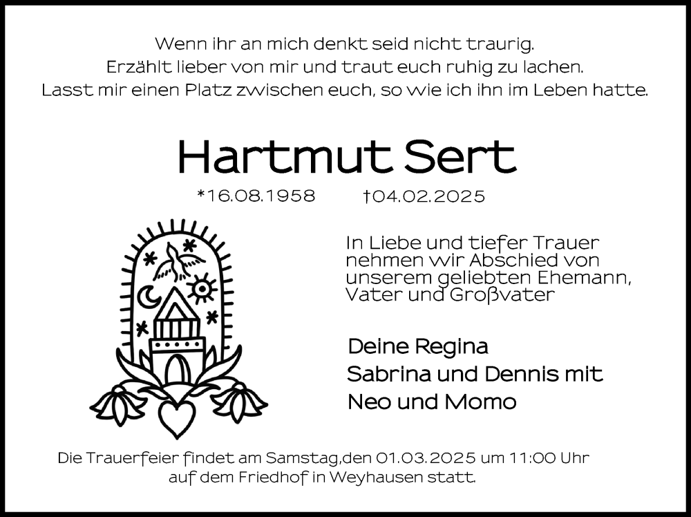  Traueranzeige für Hartmut Sert vom 22.02.2025 aus Aller Zeitung