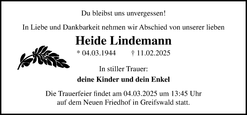  Traueranzeige für Heide Lindemann vom 22.02.2025 aus Ostsee-Zeitung GmbH