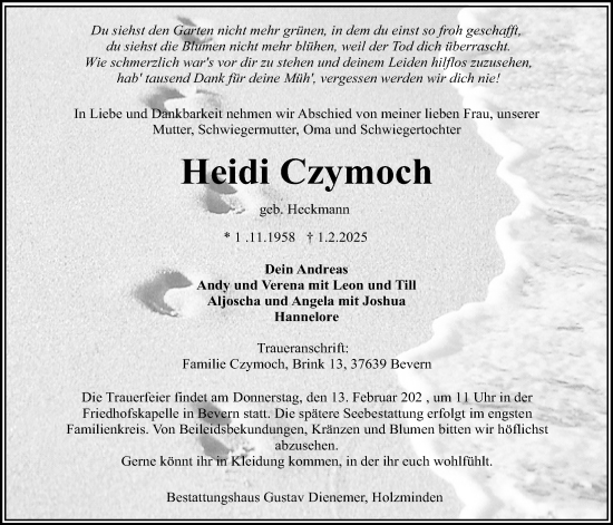 Traueranzeige von Heidi Czymoch von Täglicher Anzeiger Holzminden