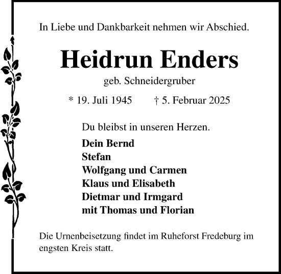 Traueranzeige von Heidrun Enders von Lübecker Nachrichten