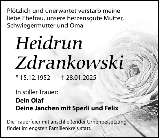 Traueranzeige von Heidrun Zdrankowski von Märkischen Allgemeine Zeitung