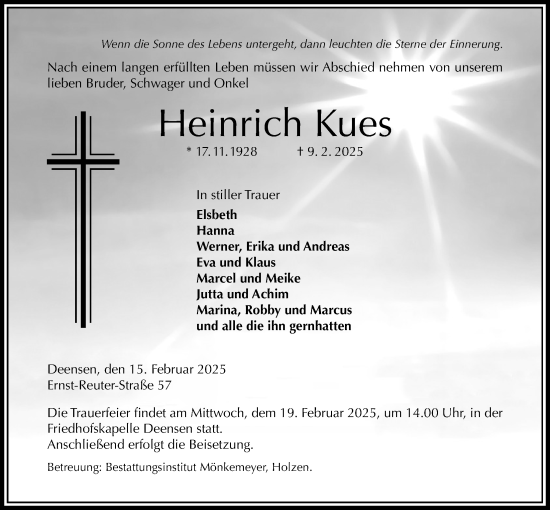 Traueranzeige von Heinrich Kues von Täglicher Anzeiger Holzminden
