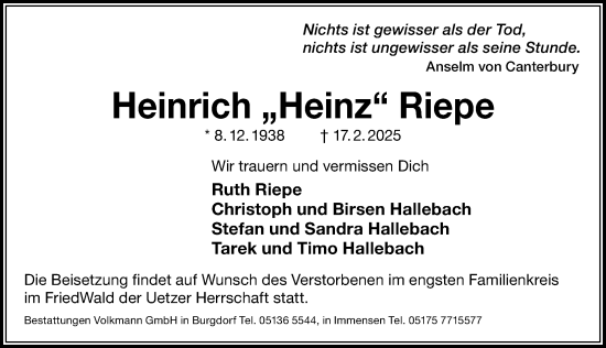 Traueranzeige von Heinrich Riepe von Hannoversche Allgemeine Zeitung/Neue Presse