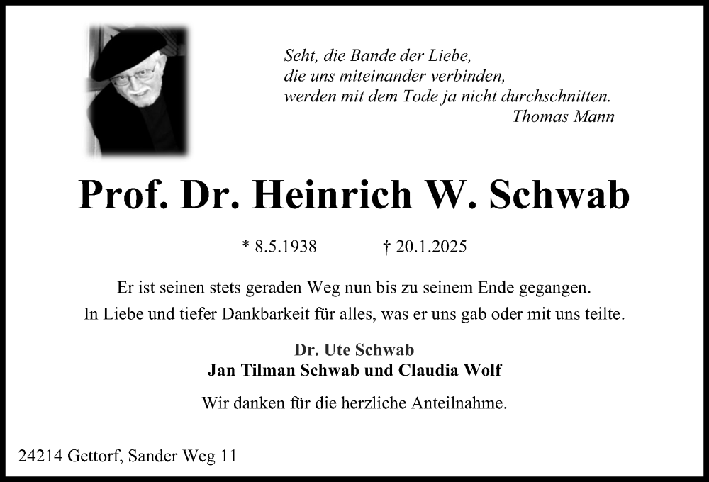  Traueranzeige für Heinrich W. Schwab vom 01.02.2025 aus Kieler Nachrichten