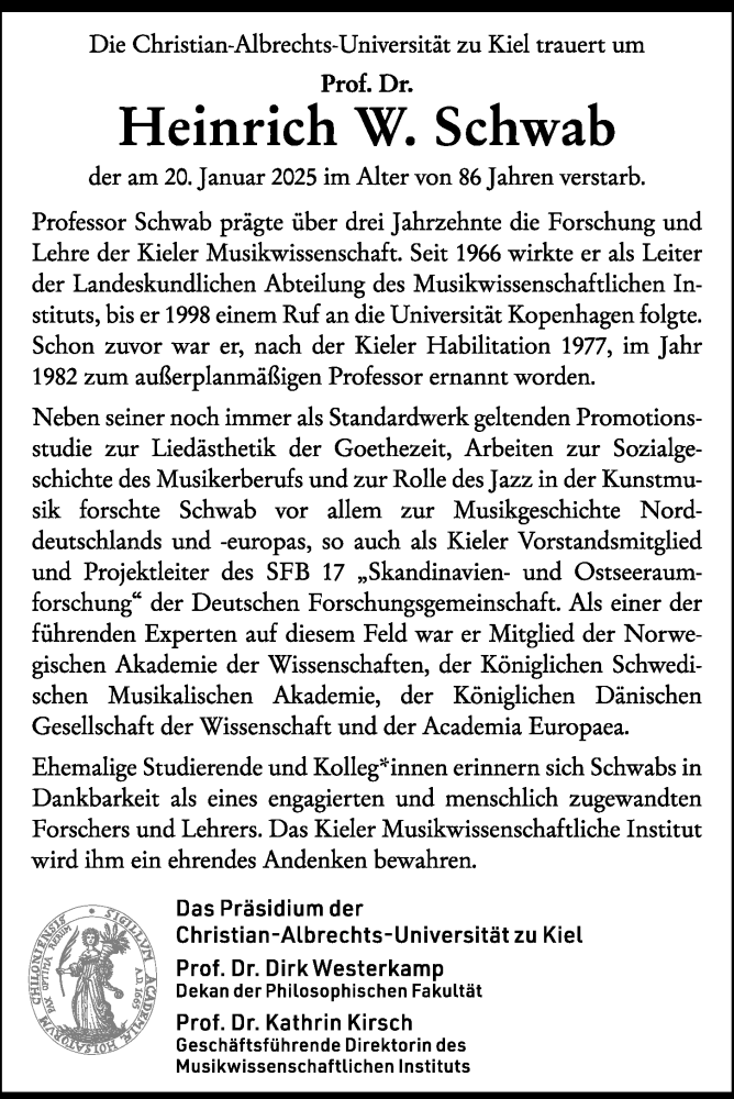  Traueranzeige für Heinrich W. Schwab vom 08.02.2025 aus Kieler Nachrichten