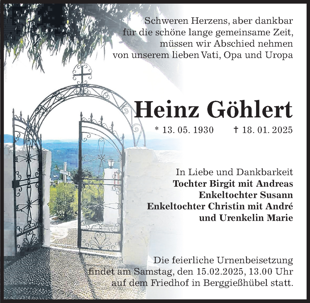  Traueranzeige für Heinz Göhlert vom 08.02.2025 aus Sächsische Zeitung