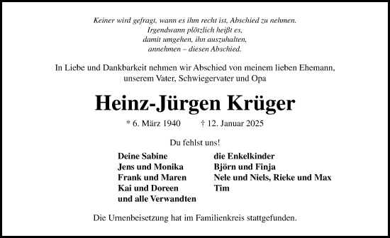 Traueranzeige von Heinz-Jürgen Krüger von Lübecker Nachrichten
