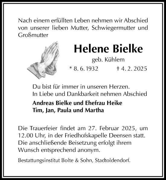 Traueranzeige von Helene Bielke von Täglicher Anzeiger Holzminden