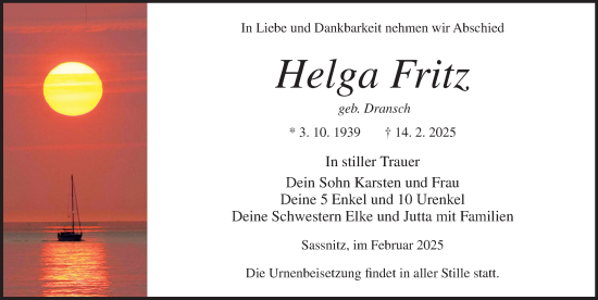 Traueranzeige von Helga Fritz von Ostsee-Zeitung GmbH