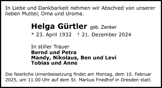 Traueranzeige von Helga Gürtler von Sächsische Zeitung