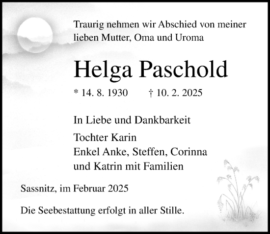 Traueranzeige von Helga Paschold von Ostsee-Zeitung GmbH