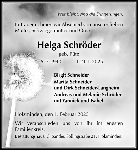 Traueranzeige von Helga Schröder von Täglicher Anzeiger Holzminden