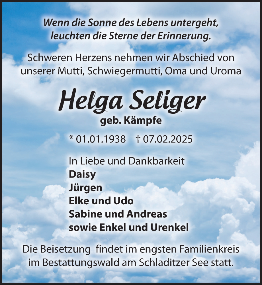  Traueranzeige für Helga Seliger vom 15.02.2025 aus Leipziger Volkszeitung