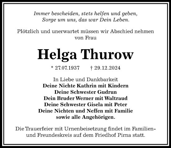 Traueranzeige von Helga Thurow von Sächsische Zeitung