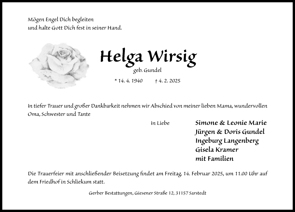  Traueranzeige für Helga Wirsig vom 12.02.2025 aus Hannoversche Allgemeine Zeitung/Neue Presse