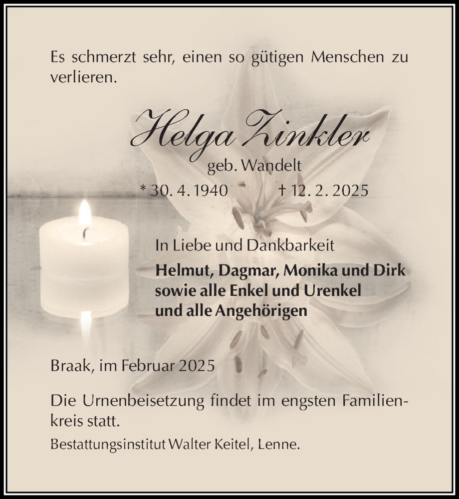  Traueranzeige für Helga Zinkler vom 22.02.2025 aus Täglicher Anzeiger Holzminden