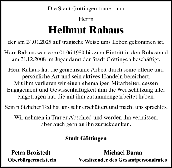 Traueranzeige von Hellmut Rahaus von Göttinger Tageblatt