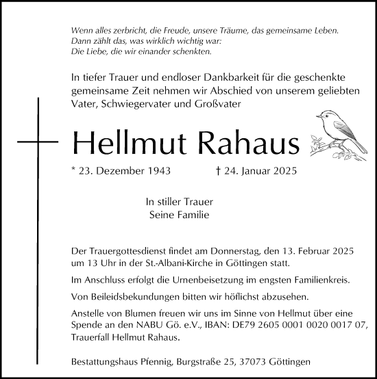 Traueranzeige von Hellmut Rahaus von Göttinger Tageblatt