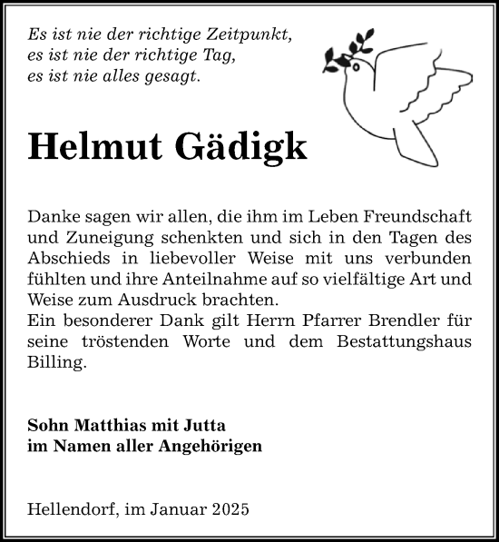 Traueranzeige von Helmut Gädigk von Sächsische Zeitung