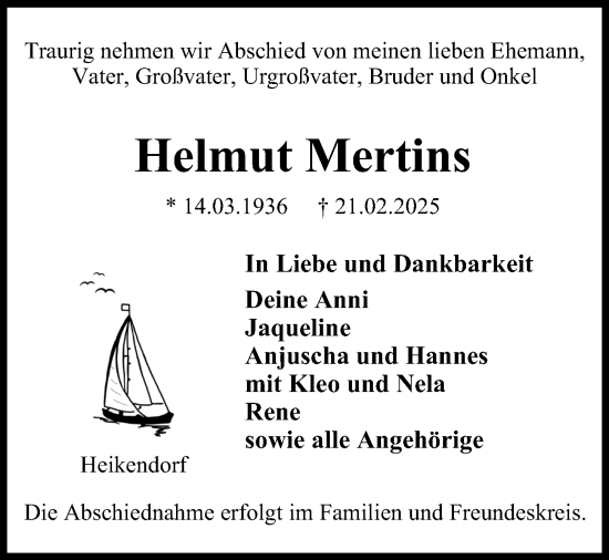 Traueranzeige von Helmut Mertins von Kieler Nachrichten
