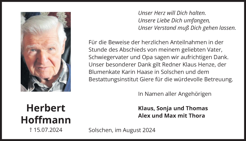  Traueranzeige für Herbert Hoffmann vom 10.08.2024 aus Peiner Allgemeine Zeitung