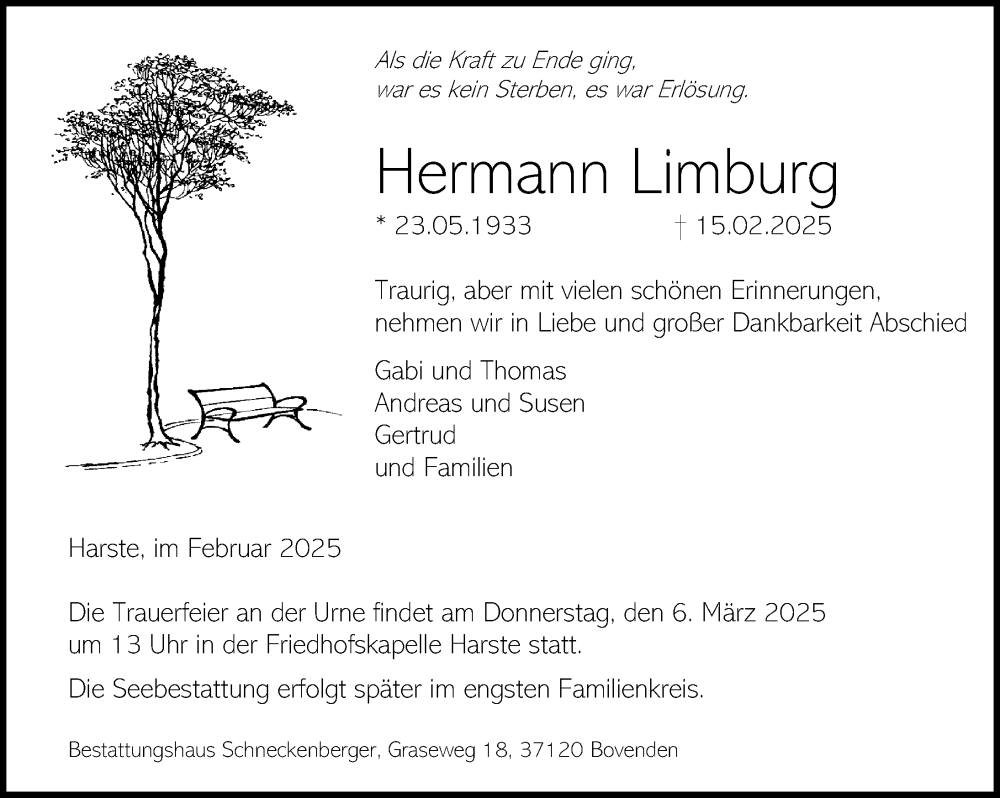  Traueranzeige für Hermann Limburg vom 22.02.2025 aus Göttinger Tageblatt