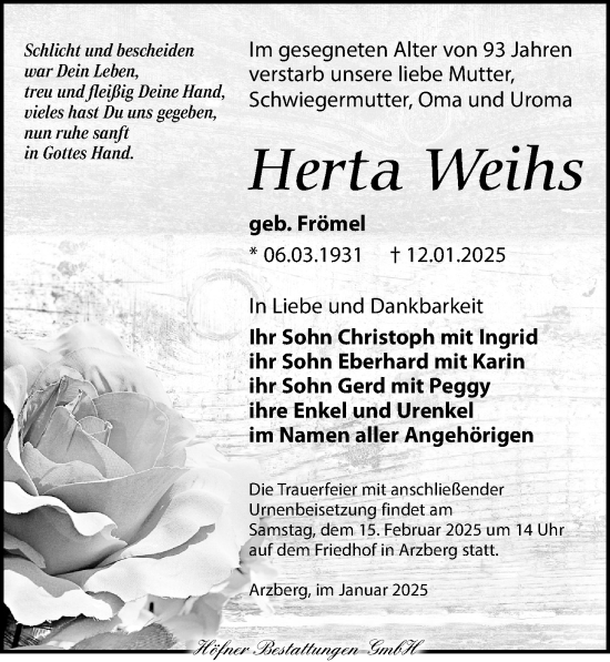 Traueranzeige von Herta Weihs von Torgauer Zeitung