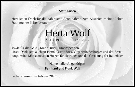 Traueranzeige von Herta Wolf von Täglicher Anzeiger Holzminden