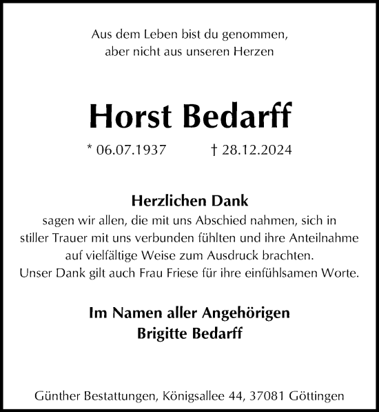 Traueranzeige von Horst Bedarff von Göttinger Tageblatt
