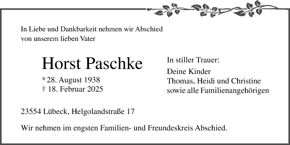  Traueranzeige für Horst Paschke vom 23.02.2025 aus Lübecker Nachrichten
